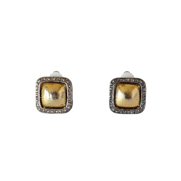 1980s Retro Glam Gold and Silver Clip On Earrings - Vintage Square Design - Picture 1 of 5